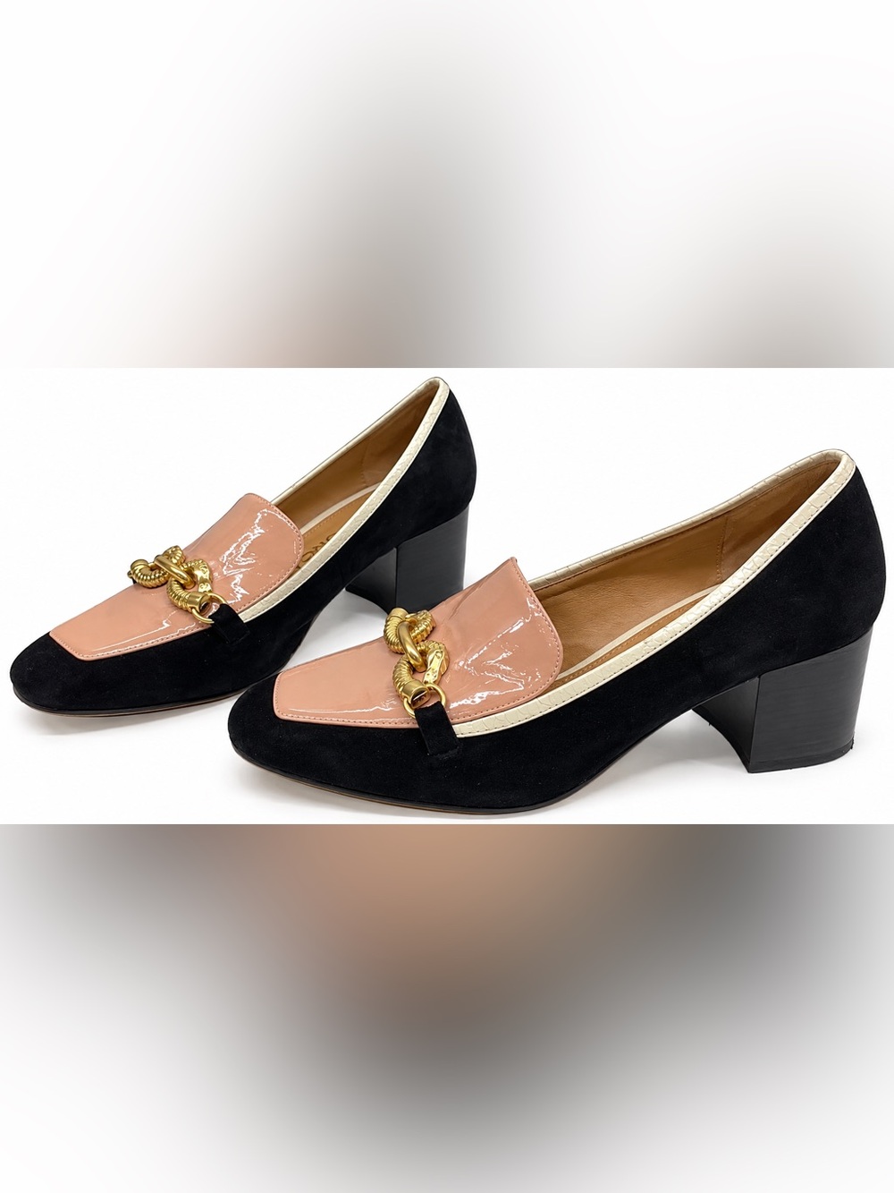 Women’s Black Suede Loafers Block Heel Blush Patent Gold Chain Dress Shoes Sz 10